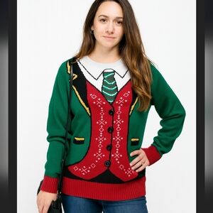 Ugly Holiday sweater ,green sweater over shirt and tie look with buttons…